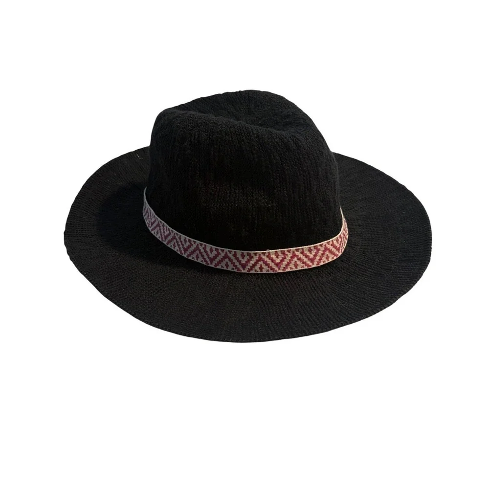 Hollister‎ Y2K Womens Black Knit Wide Brim Hat With Aztec Band One Size Festival